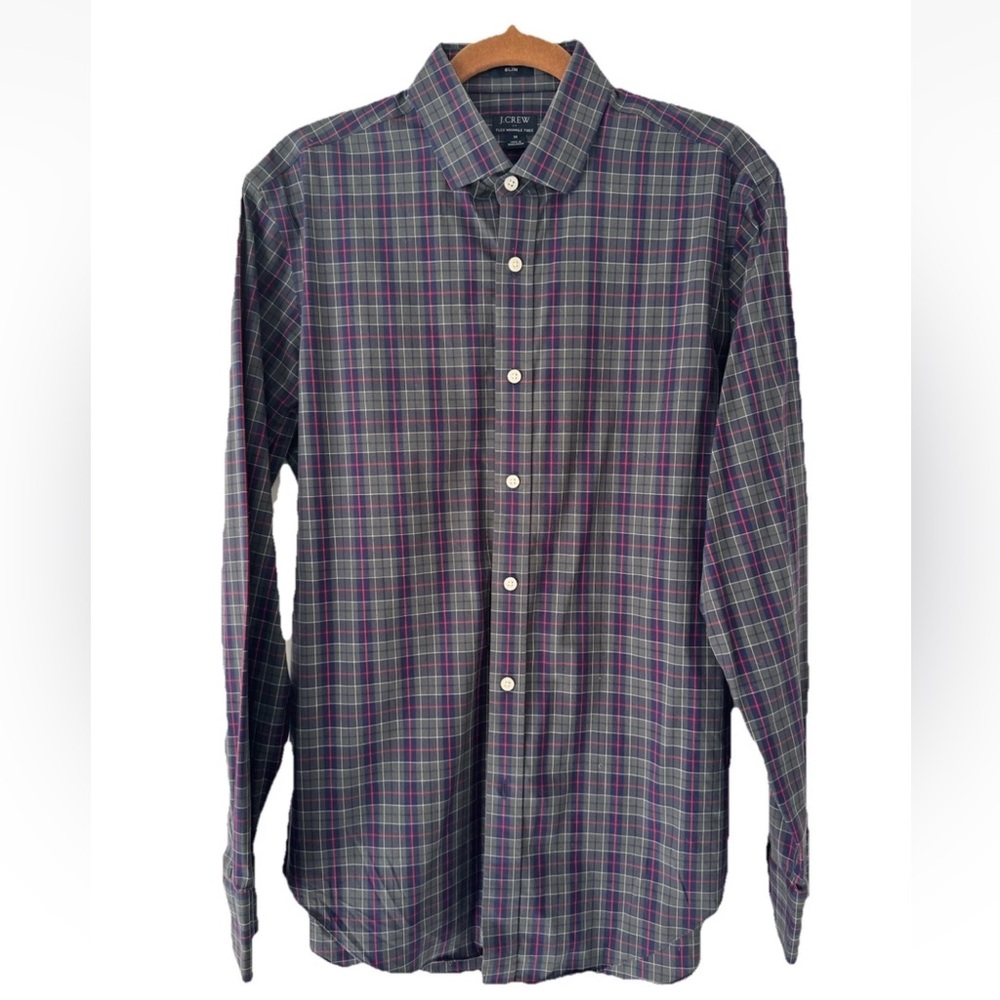 J. Crew Mens Gray Plaid Button Up Cotton Flex Slim Fit Wrinkle Free, Medium, EUC